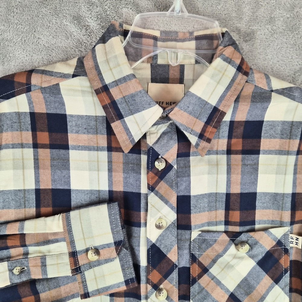 Ruff Hewn Plaid Button Up Shirt Mens Small Blue Tan Stretch Long Sleeve Layering